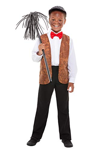 Boy in brown vest, white shirt, and red bow tie holding a chimney sweep brush.