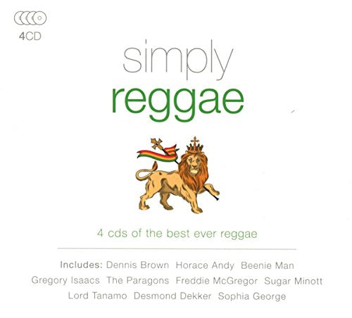"CD cover with lion graphic, rainbow, and crown, titled 'Simply Reggae' on white background."