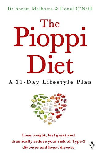 The image shows a book cover titled "The Pioppi Diet" with a white background. The alt text for the image is: "Book cover with heart-shaped collage of fruits and vegetables."