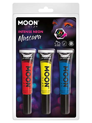 "Three tubes of neon mascara in red, yellow, and blue, in a blister pack."