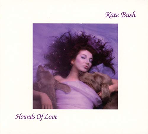 The image is a CD cover for "Hounds of Love" by Kate Bush. Alt text: Woman lying on her back with two hounds on her chest.