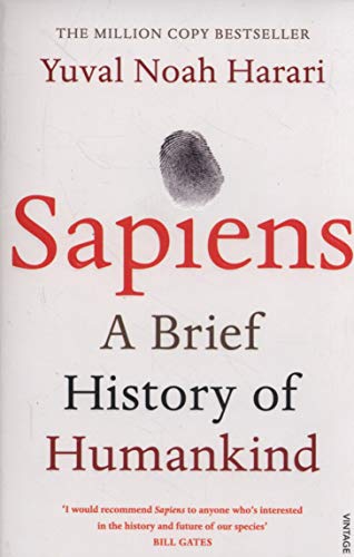 "Sapiens: A Brief History of Humankind" book cover with fingerprint and text on white background.