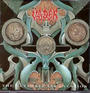 Vader album cover with abstract, biomechanical design and red, gothic-style band name.