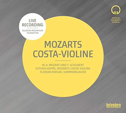 "Album cover with yellow circle, gray background, and text 'Mozarts Costa-Violine'."