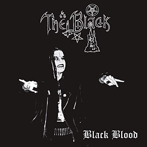 Black and white album cover with a man holding two knives, occult symbols visible.