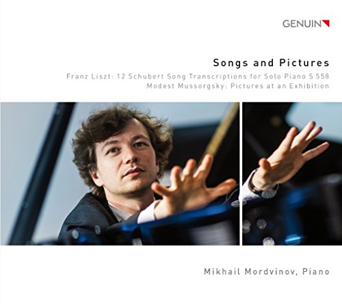 "CD cover with a man playing piano, titled 'Songs and Pictures' by Mikhail Mordvinov."