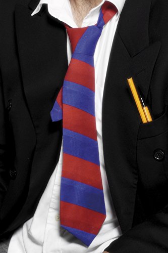 "Man wearing a black suit jacket, white shirt, and red and blue striped tie."