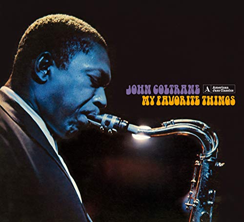 "Album cover featuring John Coltrane playing saxophone, with title 'My Favorite Things'."