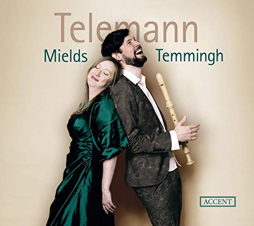 "Album cover with man holding recorder and woman in green dress against beige background."