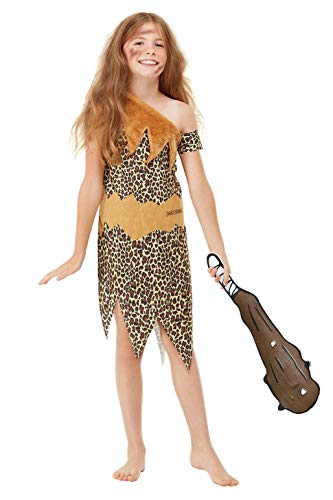 A young girl wears a leopard-print cave costume, holding a club accessory.