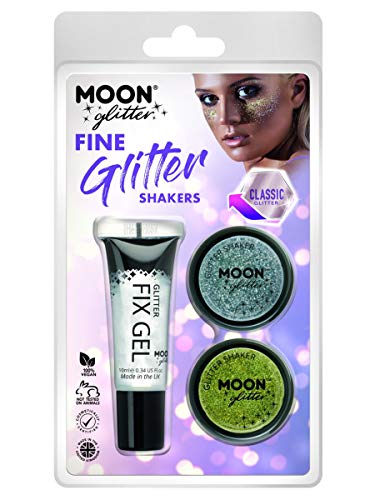 "Packaged Moon Glitter product with glue, two glitters, and a model's face."
