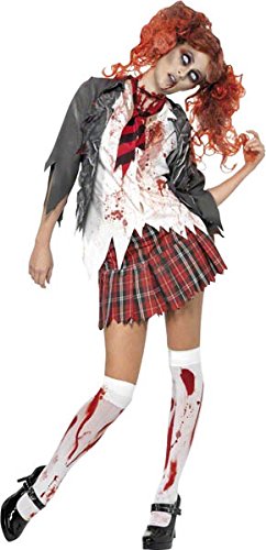 Smiffys Adult Women's High School Horror Zombie Schoolgirl Costume, Jacket, Attached Shirt, Tie and Skirt, High School Horror, Halloween, Size: S, 32929
