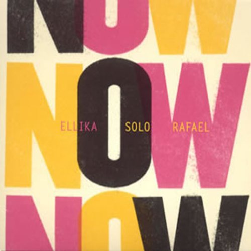 "Album cover with 'NOW' repeated in black, yellow, and pink on a cream background."