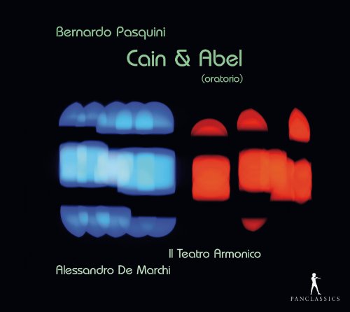 "CD cover with abstract blue and red shapes on a black background."