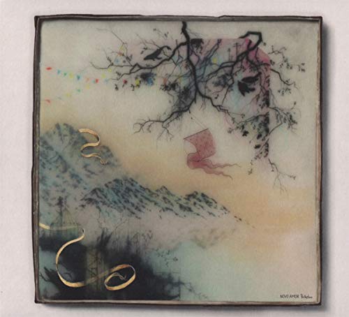 The image shows a CD case with a painted mountain landscape. The alt text is: "CD case with painted mountains, tree, and gold swirls."