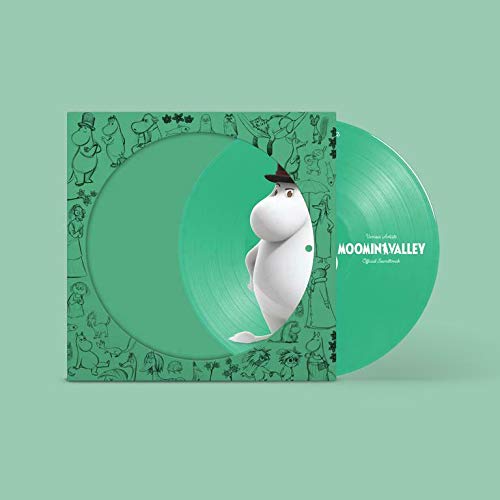 Green vinyl record sleeve with Moomin character and patterned border.