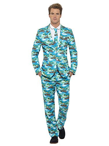 Man wearing a blue suit with a surfboard pattern, white shirt, and tie.