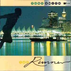 Album cover for Tony Smith's "The Runner" with silhouette of runner and cityscape.
