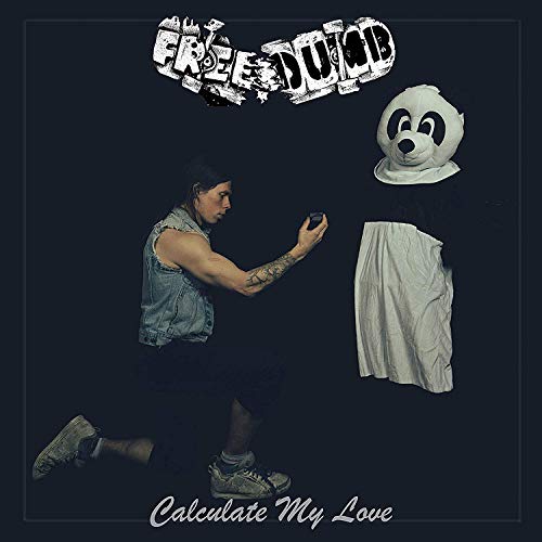 "Album cover with man kneeling, holding object, and panda mask and shirt on right."