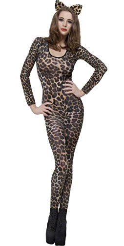 A blonde woman wearing a brown leopard print bodysuit and black high heels.