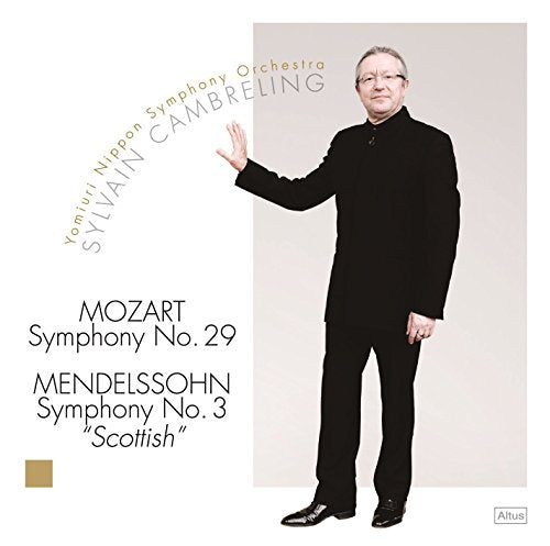 CD cover featuring a conductor in black, white background, text listing Mozart and Mendelssohn symphonies.
