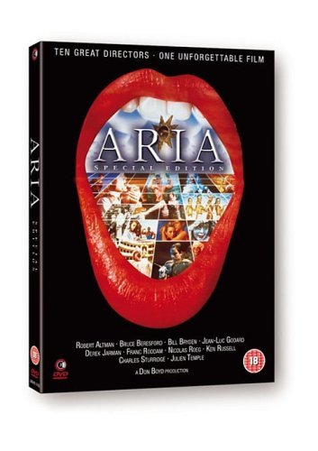 "A DVD case for 'Aria' with a red lips graphic and film collage."