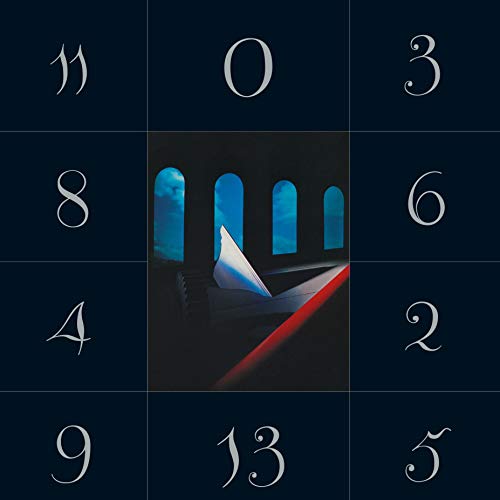 The image is a grid of numbers surrounding a vinyl record sleeve. For accessibility purposes, a suitable alt text could be: "Vinyl record sleeve with abstract blue arches on a dark background."