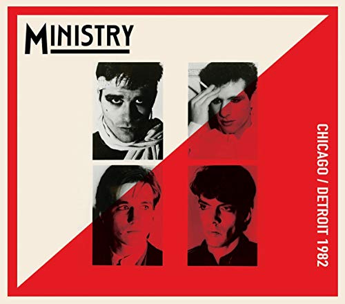 "Album cover with four men's portraits, divided diagonally in red and white."