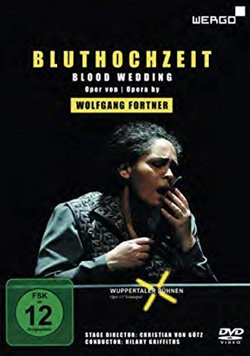 DVD cover for "Blood Wedding" opera, featuring a man holding a dagger, on black background.