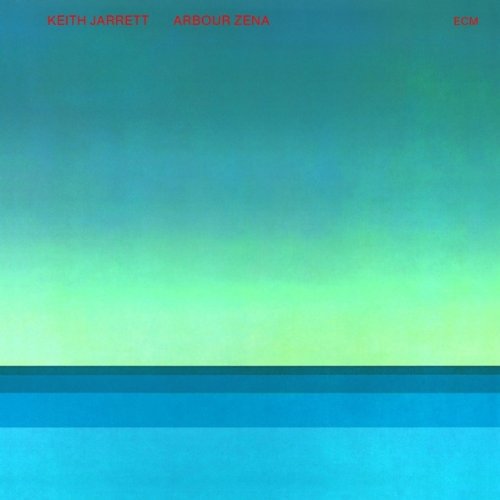 "Album cover with blue and green gradient background and red text at the top."