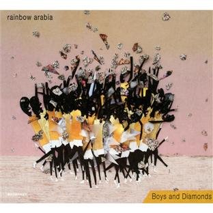 "Album cover with dancers in black and yellow, surrounded by diamonds on a pink background."