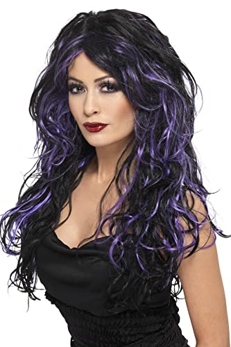 Smiffys Women's Long Black and Purple Streaked Wig with Curls, One Size, Gothic Bride Wig, 5020570356838