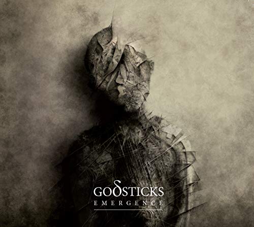 "Dark album cover with a figure made of twigs and leaves, text 'Godsticks Emergence'."