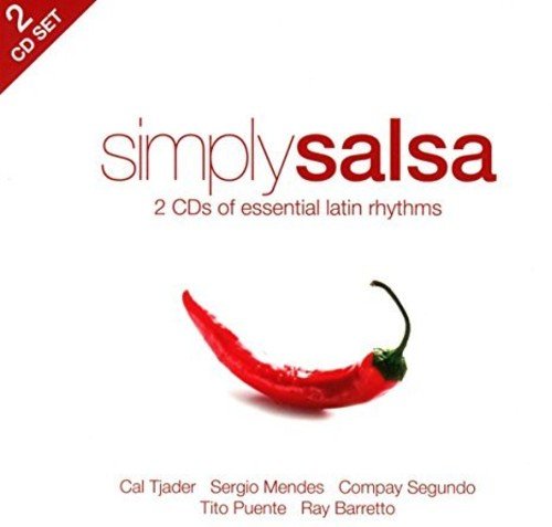 "CD cover with 'simply salsa' text, red chili pepper, and artist names on white background."