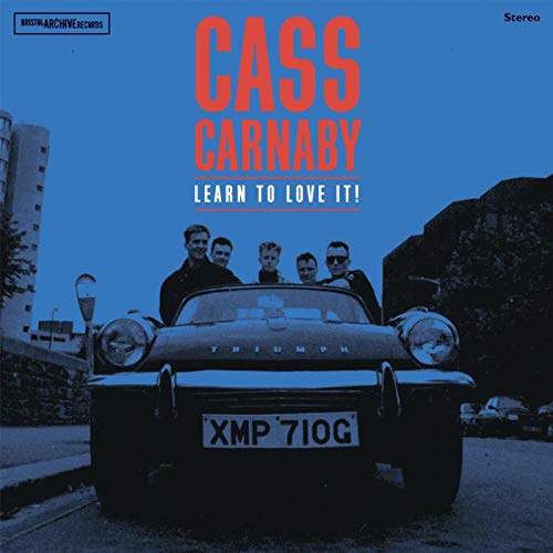 "Album cover with five men standing in a vintage car, blue-toned image."