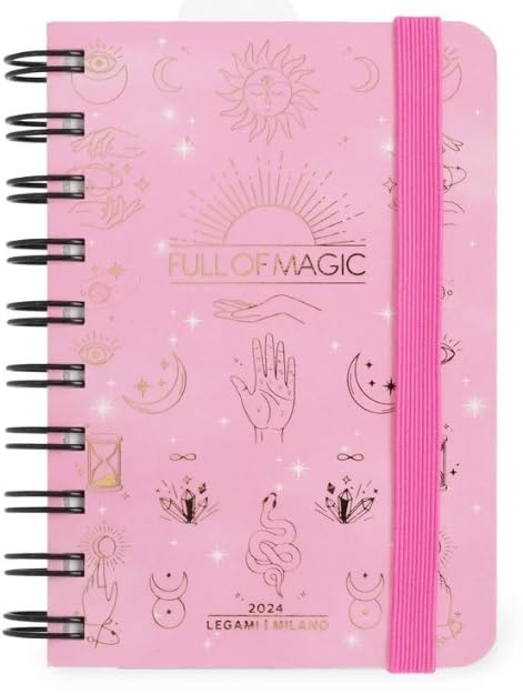 Legami - Small Spiral Daily Diary, 12 Months, from January 2024 to December 2024, Folding Planner 2024/2025, Elastic Closure, Final Pocket, Address Book, 8.5x13 cm, Magic Theme