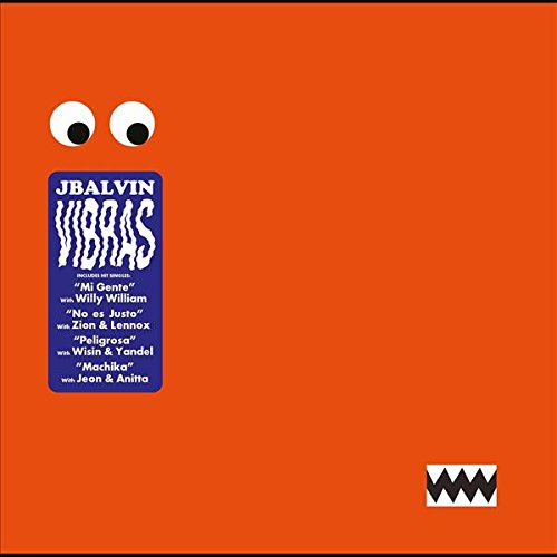"Orange album cover with blue text box and cartoon eyes."