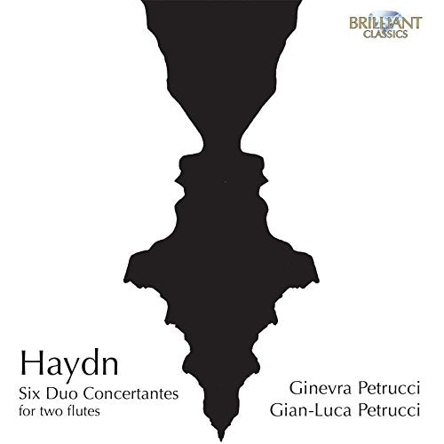 A white CD cover with a black abstract shape and text describing the music.