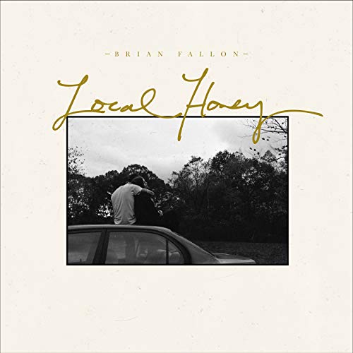 "Album cover with black and white photo and gold text on a white background."