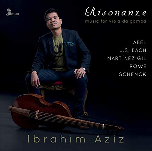 Man sitting on stool with viola da gamba against a dark background, album cover.