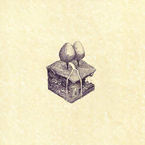 A black and white illustration of a box with breasts on a beige background.