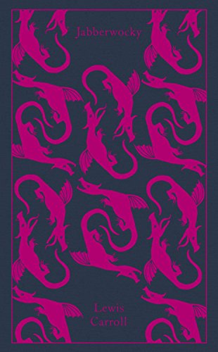 Dark blue book cover with pink dragon pattern and title "Jabberwocky" by Lewis Carroll.