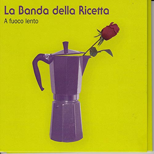"Album cover with purple coffee maker and red rose on bright yellow background."