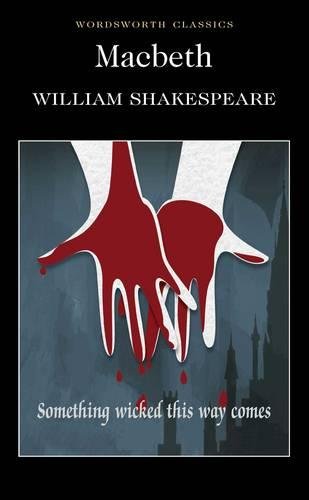 "Book cover of 'Macbeth' with bloody handprint and dark castle silhouette in the background."