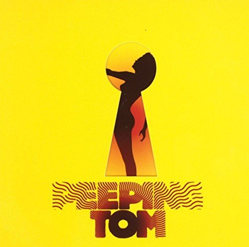 "Album cover with yellow background, silhouette of a person, and 'Peeping Tom' text."