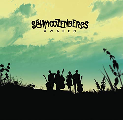 "Album cover with silhouetted musicians on a hill against a cloudy yellow and green sky."