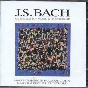 CD cover for J.S. Bach's Six Sonatas, featuring a blurry image of musicians on a blue background.