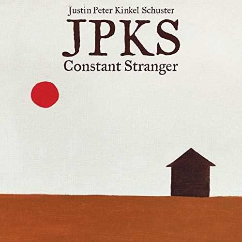 "Album cover with minimalist design featuring a red circle, house, and brown landscape."