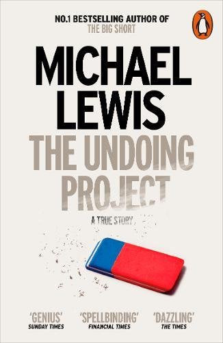 Book cover of "The Undoing Project" by Michael Lewis with red and blue magnet.