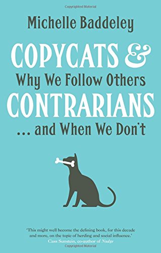 The image depicts the cover of the book "Copycats and Contrarians." A suitable alt text for this image is: "Book cover with a teal background, black cat, and white text."